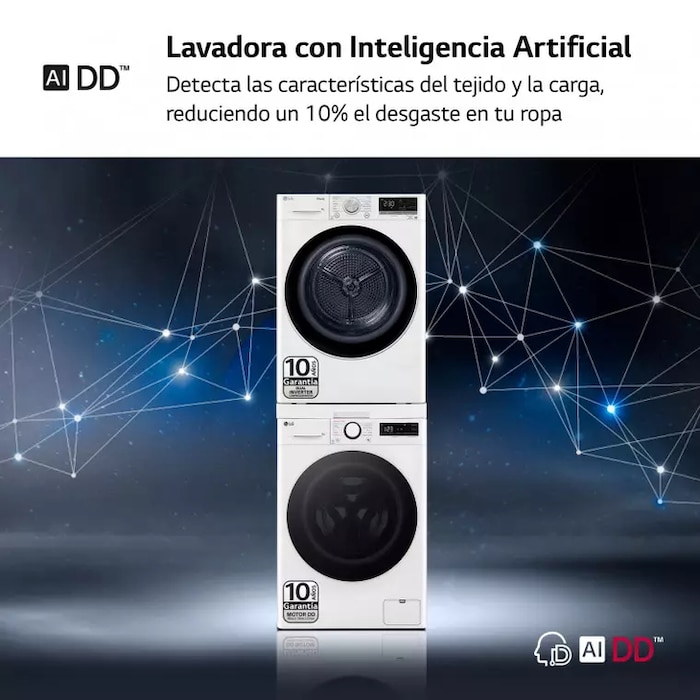 LG Torre de Lavado, Blanca, Lavadora inteligente 9kg, 1400rpm, 10% más eficiente que A + Secadora 8kg, C, TORRE0908KG.SET